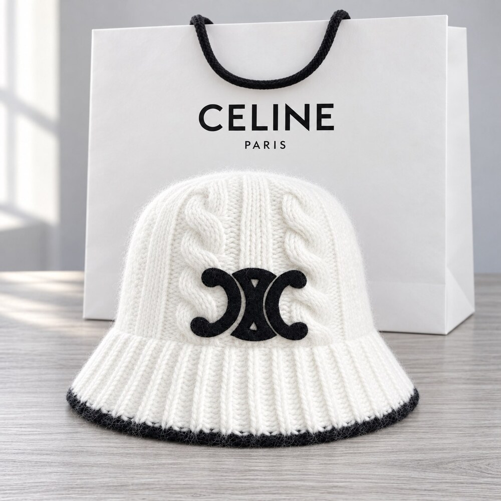 CELINE White Triomphe Knit Bucket Beanie